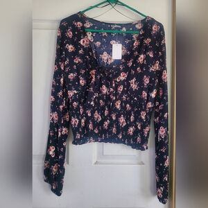 Freshman All Over Floral Print Babydoll Long Sleeve Blouse Nwt, Size Large